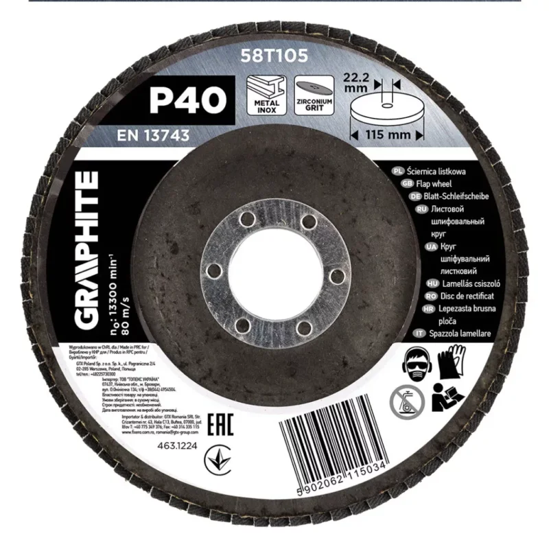 Akció GRAPHITE Csiszolókorong lamellás 115x22,2mm, P40 inox, fém, fa (58T105)