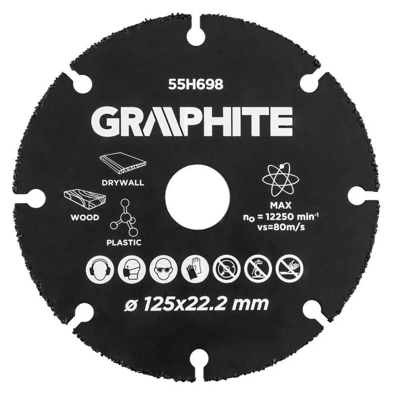 Akció Vágókorong GRAPHITE 125x22.2mm volfram-karbid univerzális muanyaghoz gipszkartonhoz 55H698