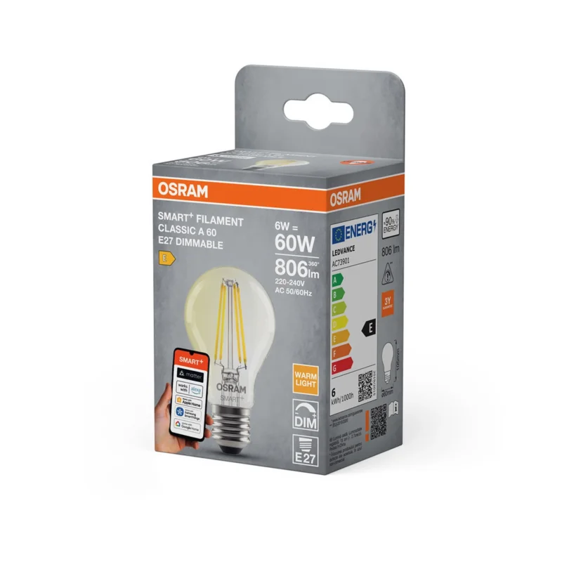 Biztonságos fizetés Osram Smart+ Matter Filament Classic E27 LED, 6 W, 806 lm, 2700 K, dimmelhető