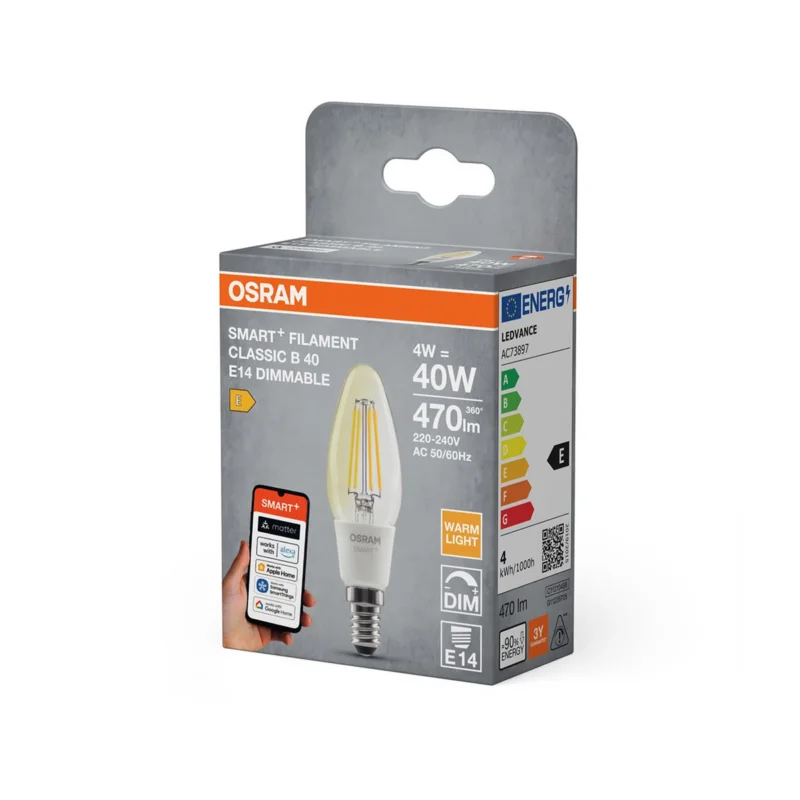 Vedd meg online Osram Smart+ Matter Filament Classic E14 LED, 4 W, 470 lm, 2700 K, dimmelhető